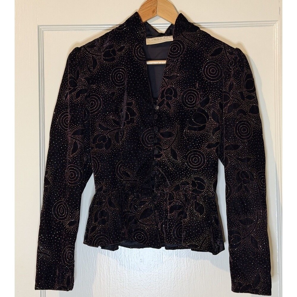 Gunne Sax Jessica McClintock dark red velvet metallic floral glitter jacket
